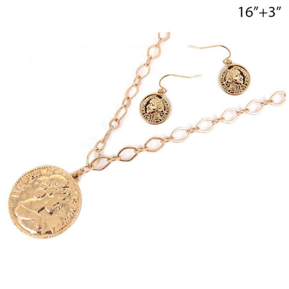 LEA & VIOLA Y2K Festive Link Chain Coin Necklace & Earring Set Gold Perfect Gift - Picture 2 of 3